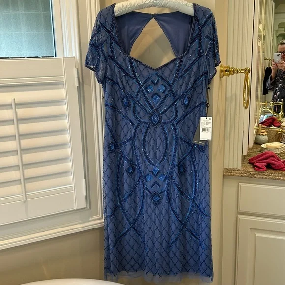 adrianna papell french blue dress Blue One Shoulder 3D Floral Beaded Ankle Dress main image 1